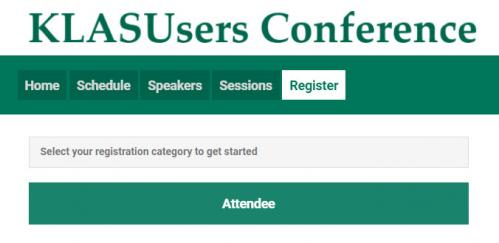 screenshot of the registration page. It shows “Register” selected in the main menu, instructions to select the registration category, and a large button reading “Attendee.”