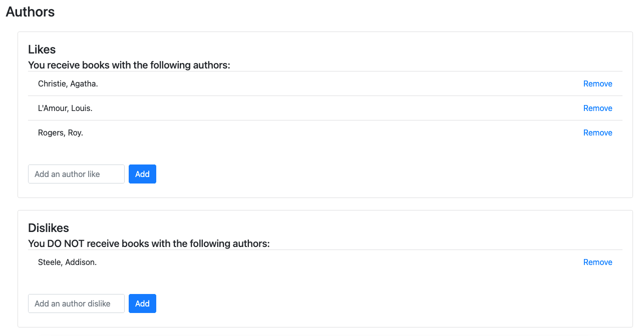 A prototype screenshot of the Reading Preferences page, showing a heading for Authors, followed by a section for Likes and Dislikes. In the likes section, it reads 