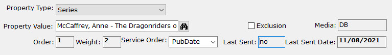 Screenshot of preference details, shows Anne McCaffrey’s Dragonriders of Pern series, with the Order set to 1, the Weight set to 2, and the Service Order set to PubDate. The Service Order field is a drop-down combo box, in-between Weight and the Last Sent field.