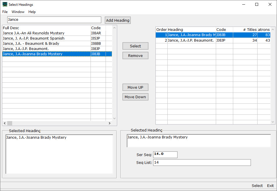 Preview of the Select Headings screen, showing two Series headings selected, and new fields in for Ser Seq and Seq List in the Selected Heading details viewer.