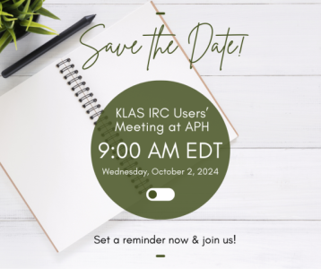 A phone alarm is set for 9 AM EDT, Wednesday, October 2 for the KLAS IRC / IMC Users' Meeting at APH.