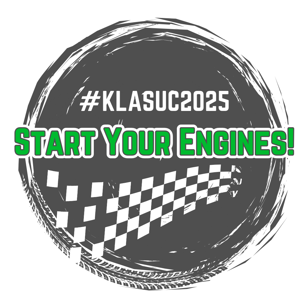 Start Your Engines! KLAS UC 2025 logo with a white checkered flag and tire tracks in the grey background.