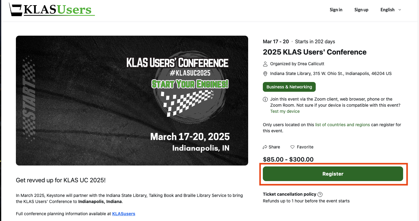 Screenshot the 2025 KLAS Users' Conference Zoom Event with the "Register" button outlined with a red rectangle.