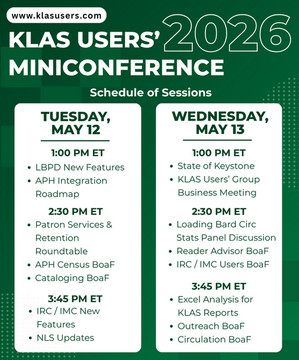 2026 KLAS Users' MiniConference schedule overview for May 12-13, 2026.