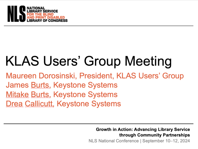 Screenshot of the title slide from the KLAS LPBD Users' Meeting including the name of the session, session date, and presenter names.