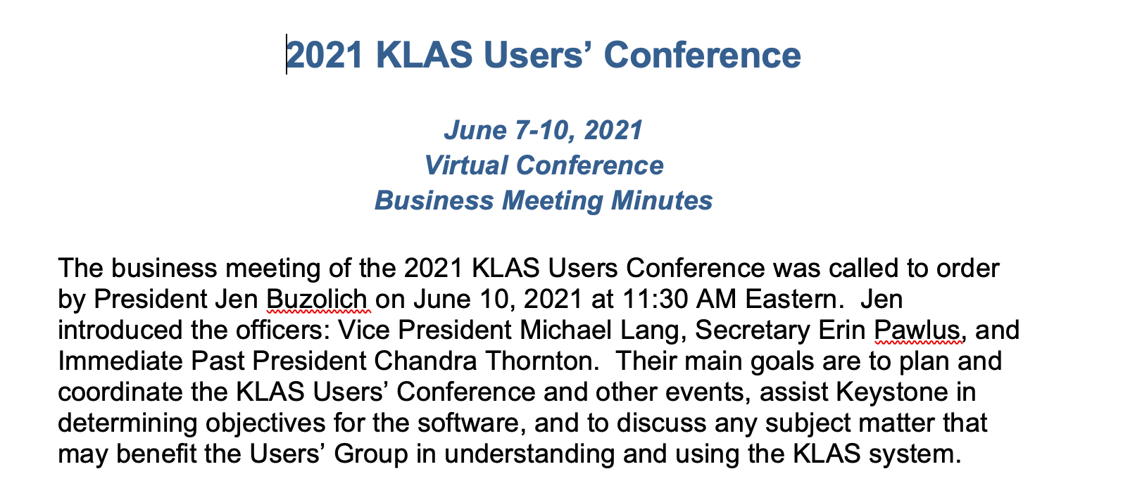 Screenshot of the first paragraph of the 2021 KLAS Users' Group Business Meeting Minutes document.