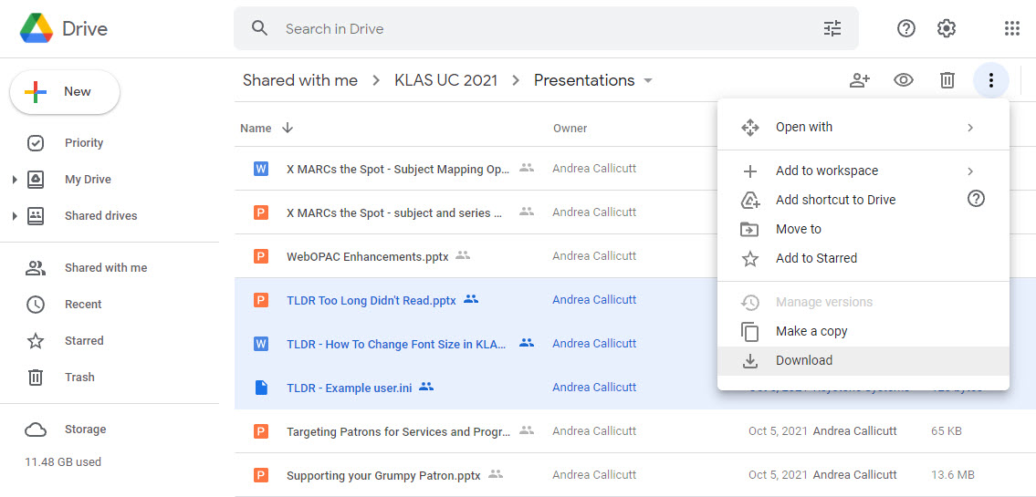 Screenshot of Google Drive shows several presentations selected. The "More Actions" menu icon only appears once something is selected, and is located towards the top of the screen, just after the Share, Preview, and Remove icons.