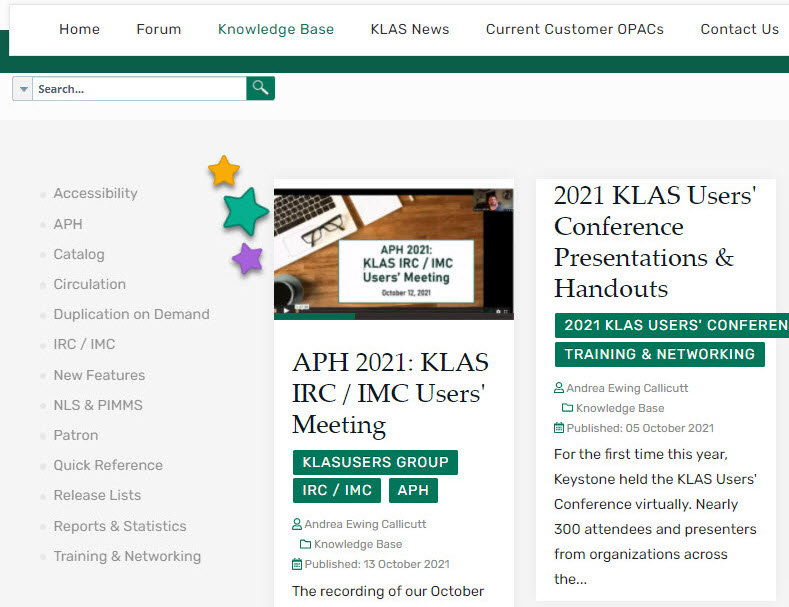 Screenshot of the Knowledge Base page, showing the new Tag Listing navigation bar on the left side of the main content area, just below the search and log-in bar.