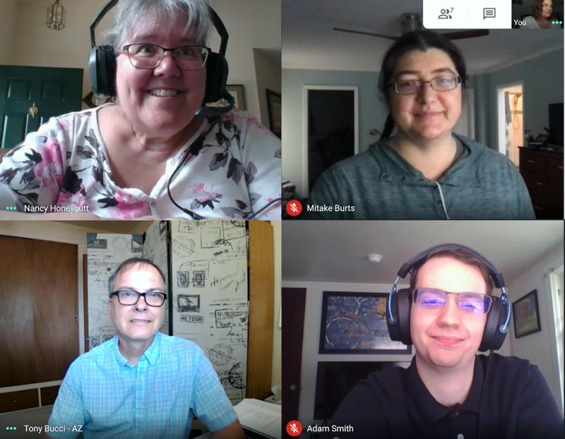 Screen shot of the google meet session shows Nancy, Mitake, and two of our attendees, Adam and Tony. Everyone is smiling and having a good time.