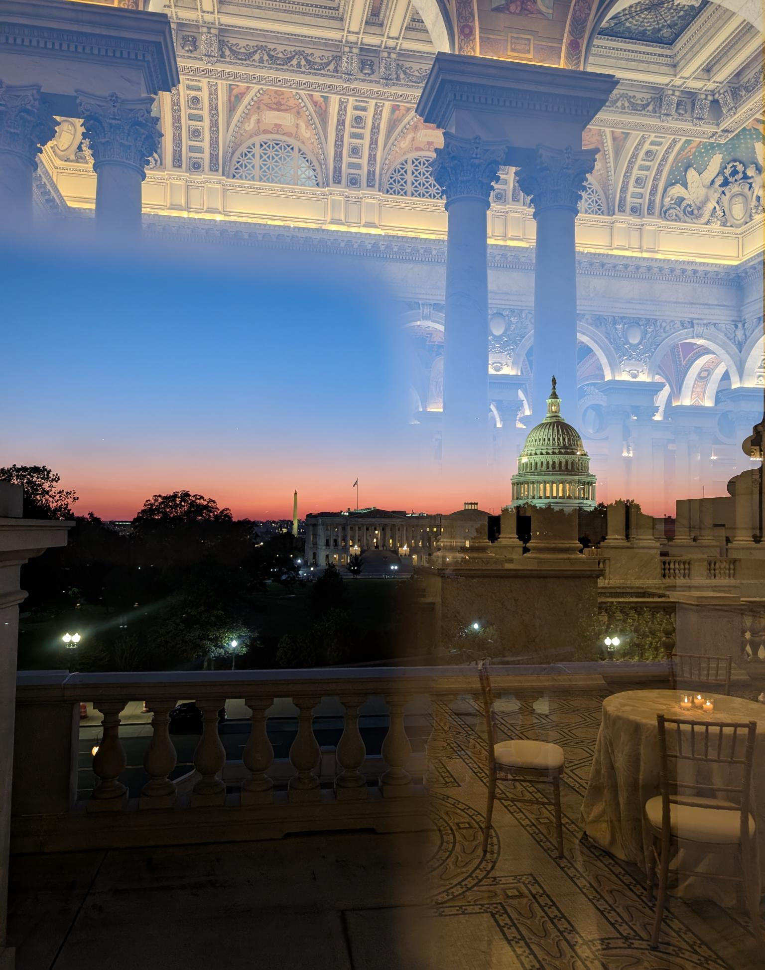 The ornate, colorful interior with grand arches is reflected in a window looking out at the capitol skyline. 