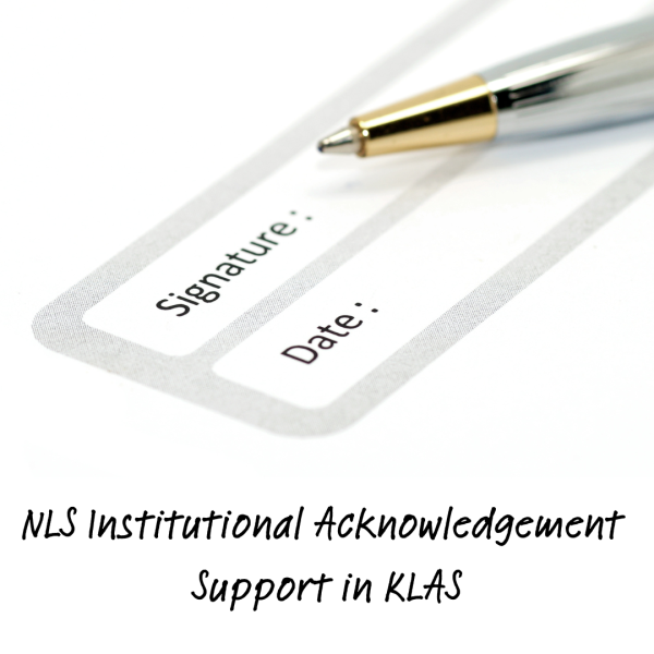 NLS Institutional Acknowledgement. Image of a pen lying over a form with signature and date fields. 