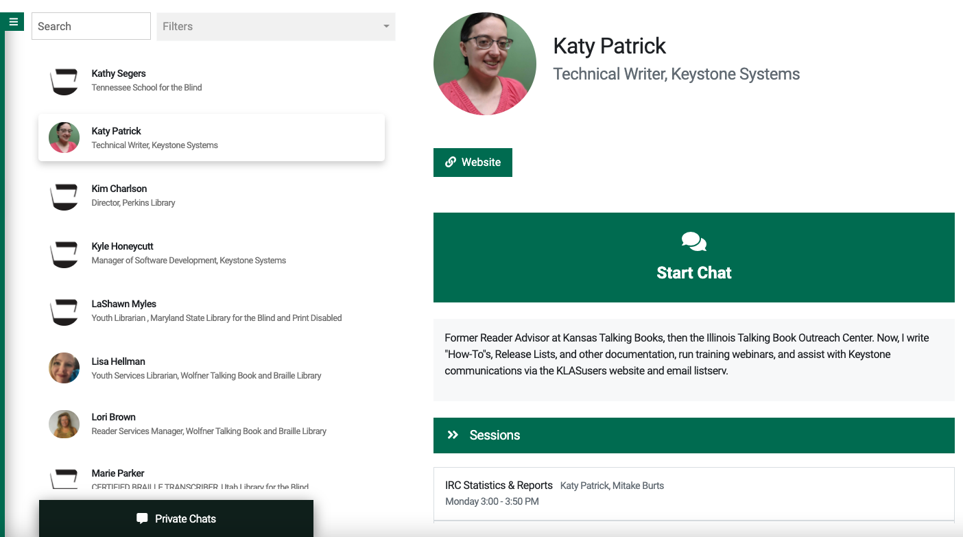 Screenshot of Katy's speaker profile, with a Website link, a large button to start a Private Chat, a bio, and the list of Sessions.