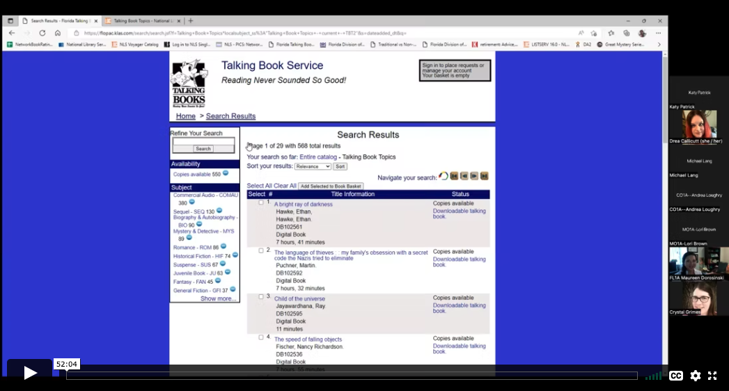 A screenshot from the roundtable recording showing Florida's WebOPAC Talking Book Topics filter applied.