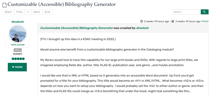 Screenshot of Dan's "Customizable (Accessible) Bibliography Generator" forum post