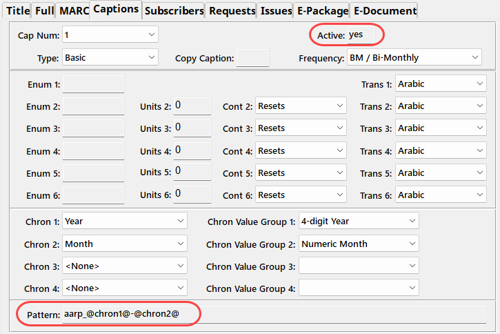 The serials Captions tab, alt-4. Active yes/no is the first field when adding a new caption. Shift-tab to pattern.
