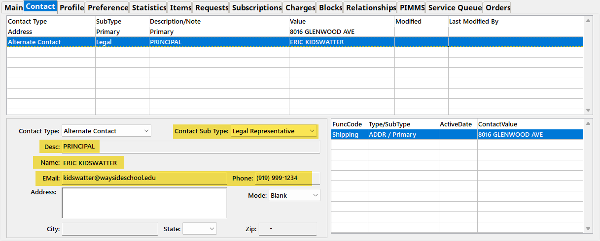 The Contact Tab (alt-2) with an alternate contact record selected. The subtype Legal Representative is selected. The sample data is Desc: Principal, Name: Eric Kidswatter, e-mail kidswatter@WaysideSchool.edu, and a phone number.