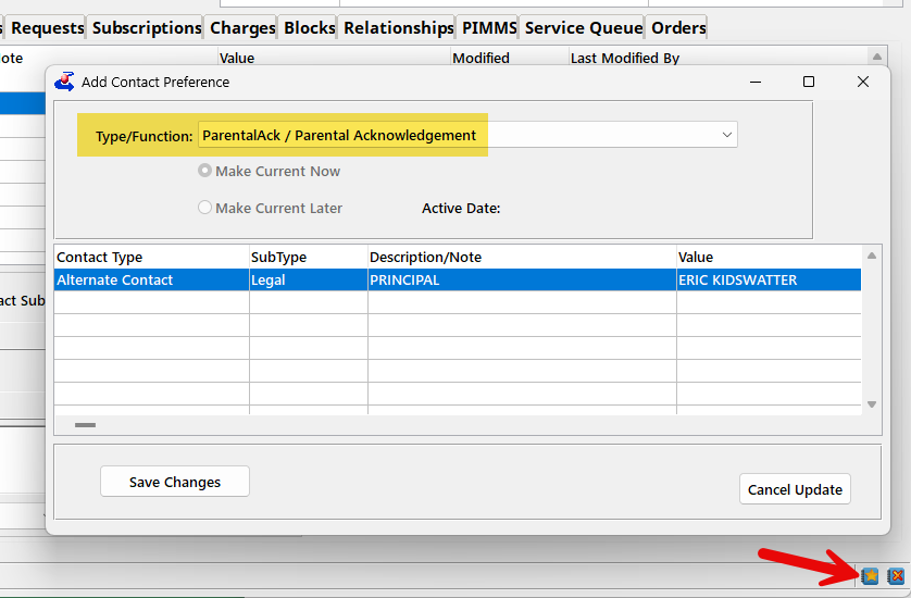 The Add Contact Preference function is available from the Functions menu. The Type/Function combo-box is set to ParentalAck / Parental Acknowledgement, and the example alternate contact is selected in the browse table below. Buttons to Save Changes or Cancel Update are at the end of the screen.
